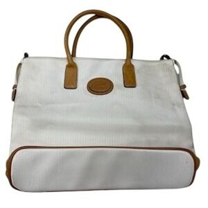 Ricardo Beverly Hills Vintage Tote Bag White Tan Leather Trim Large Travel Zip